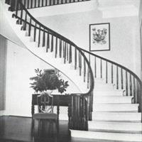 S-shaped stairs, nightstand with chair at the base of the stairs and a wall with a picture